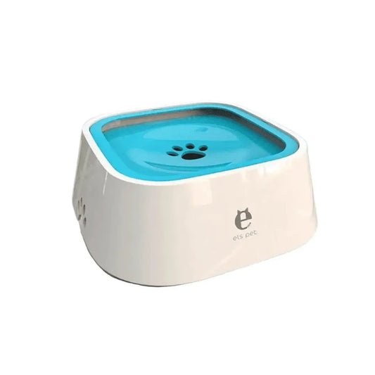 Pet water fountain with blue top and white base on a light gray background, featuring 'e' logo.