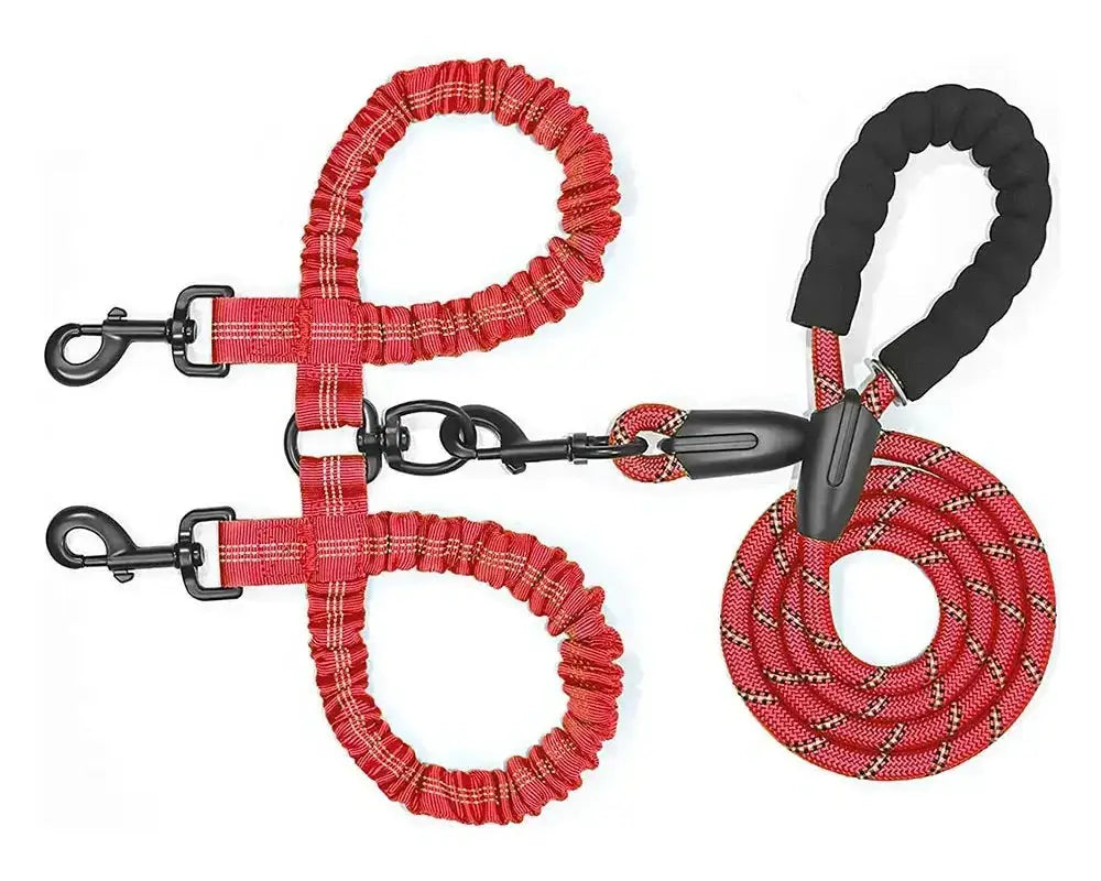 Heavy-Duty Double Dog Leash with Double Bungee - padded handle and bungee design for comfortable control.