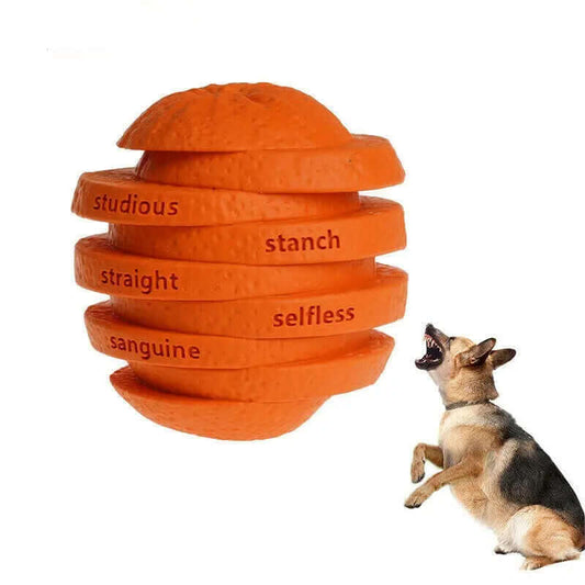 Indestructible Dog Chew Toy & Treat Dispenser stacked interactive toy with a dog looking up