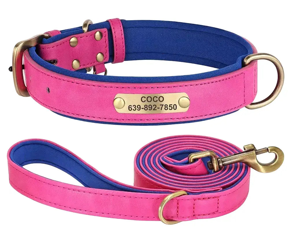 Personalised dog collar and lead set in pink and blue PU leather with ID tag for comfortable walks.
