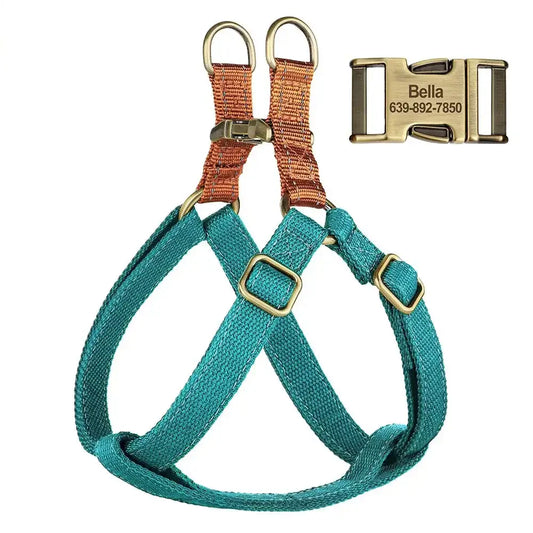 Personalised Dog Harnesses in teal nylon with adjustable straps and engraved buckle for a perfect fit.