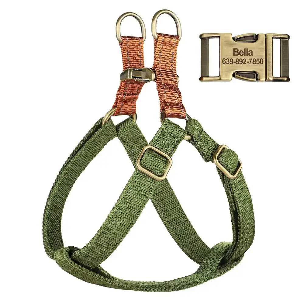 Personalised Dog Harnesses in green nylon with adjustable straps and engraved buckle for comfort and style.