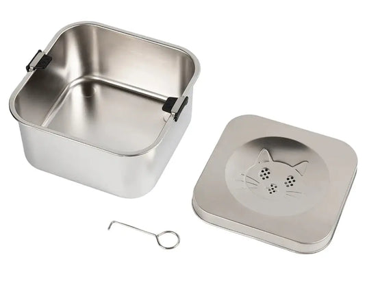 Stainless steel pet food container with a lid featuring a cat face design on a white background.