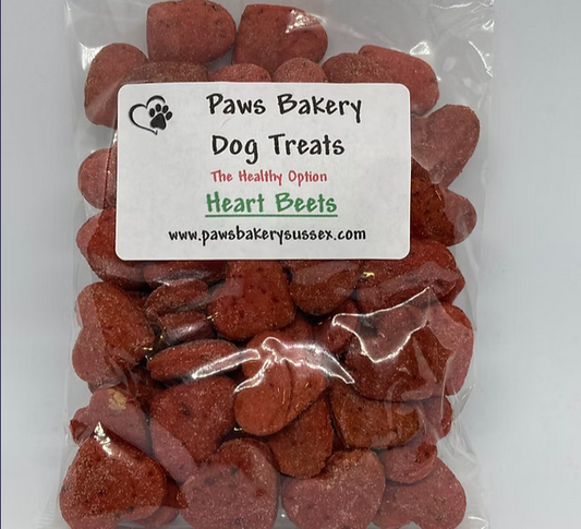 Bag of Paws Bakery Dog Treats labeled 'Heart Beets' on a white background