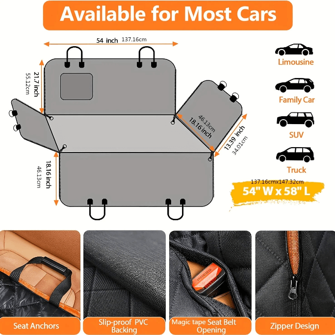 Car seat cover with dimensions and features for various car types on an orange background