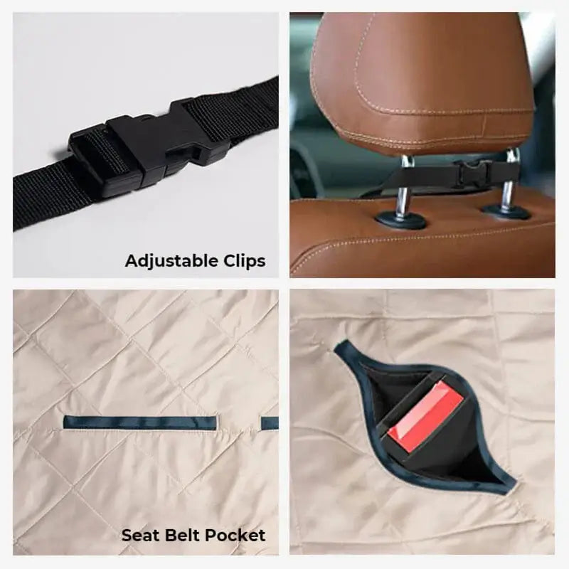 Features of Waterproof Dog Car Seat Cover Travel Bed including adjustable clips and seat belt pocket.