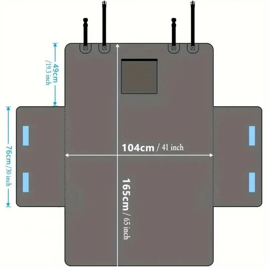 Dimensions diagram of Waterproof Boot Dog Car Seat Cover with measurements in centimeters and inches.