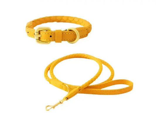 Woven Leather Dog Collar & Lead Set in bright yellow color, featuring a stylish woven design for pets.