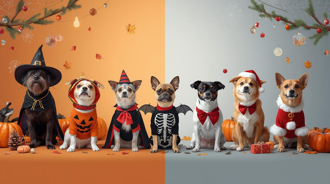 Halloween for Pets A Guide to Safe Fun Celebrations featuring dogs in costumes and festive decor.