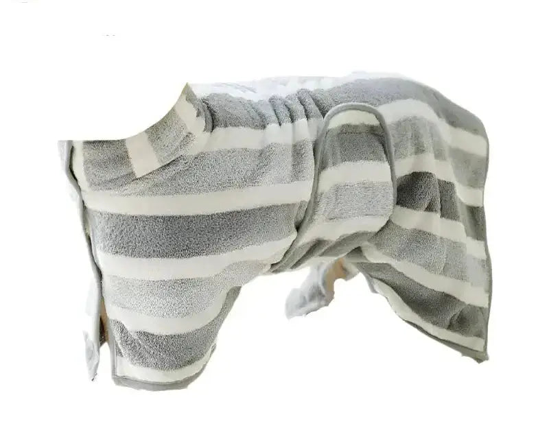 Dog drying robe in gray and white stripes, designed for quick drying and full body coverage after baths.