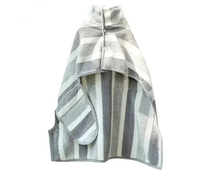 Dog drying robe in gray and white stripes for quick drying and absorbent post-bath care.