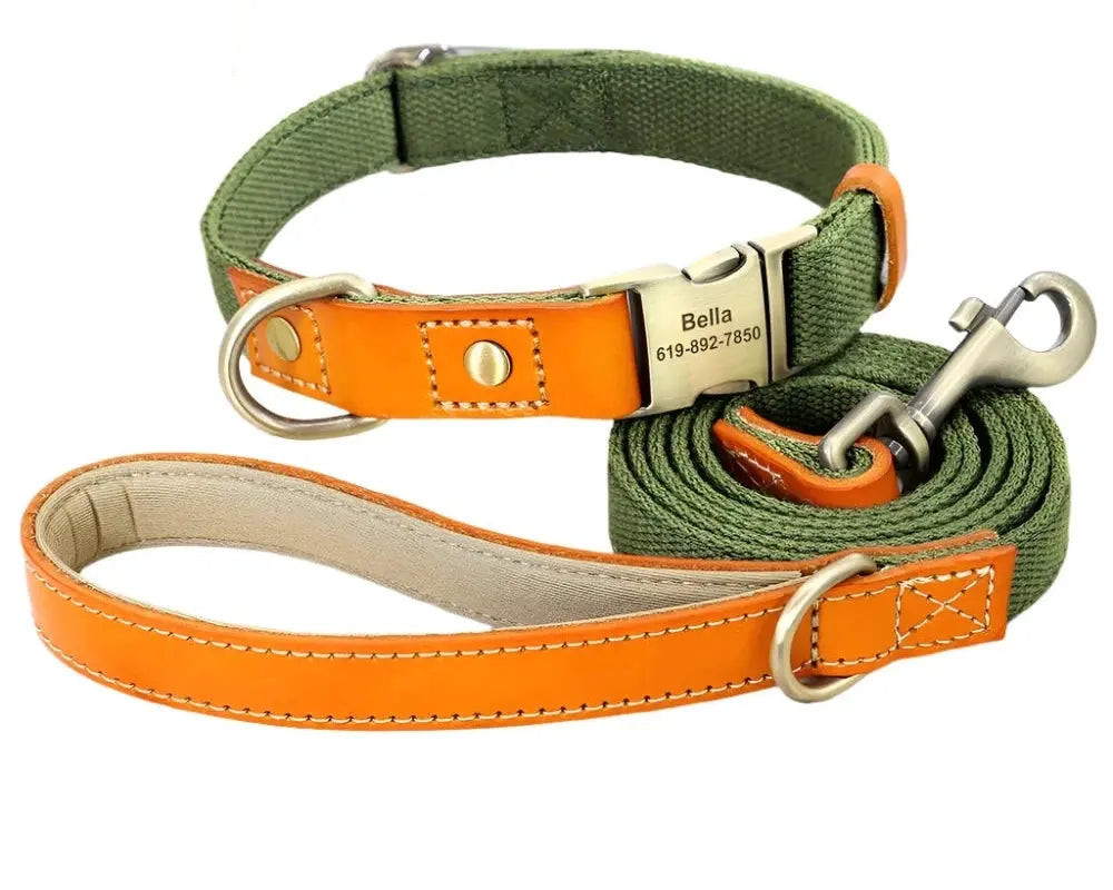 Beautifully Crafted Leather & Nylon Personalised Dog Collar & Lead Set.