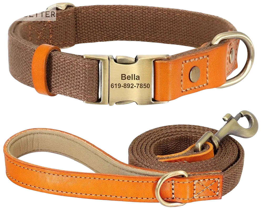 Beautifully Crafted Leather & Nylon Personalised Dog Collar & Lead Set.