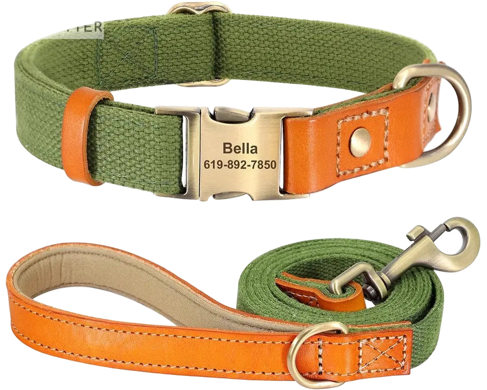 Beautifully Crafted Leather & Nylon Personalised Dog Collar & Lead Set.