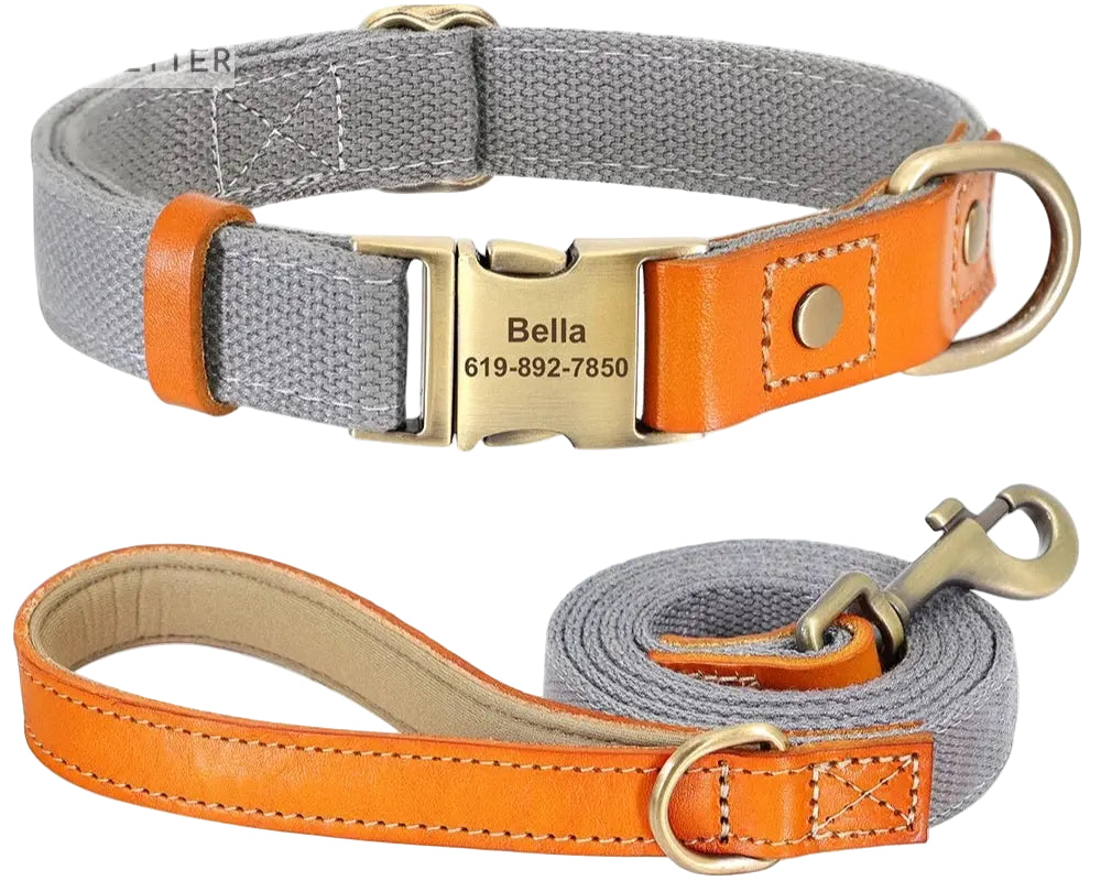 Beautifully Crafted Leather & Nylon Personalised Dog Collar & Lead Set.