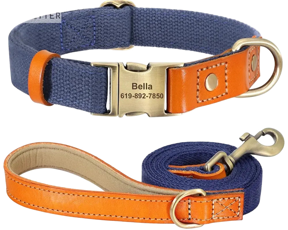 Beautifully Crafted Leather & Nylon Personalised Dog Collar & Lead Set.