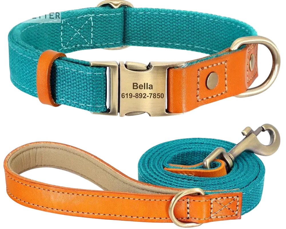 Beautifully Crafted Leather & Nylon Personalised Dog Collar & Lead Set.