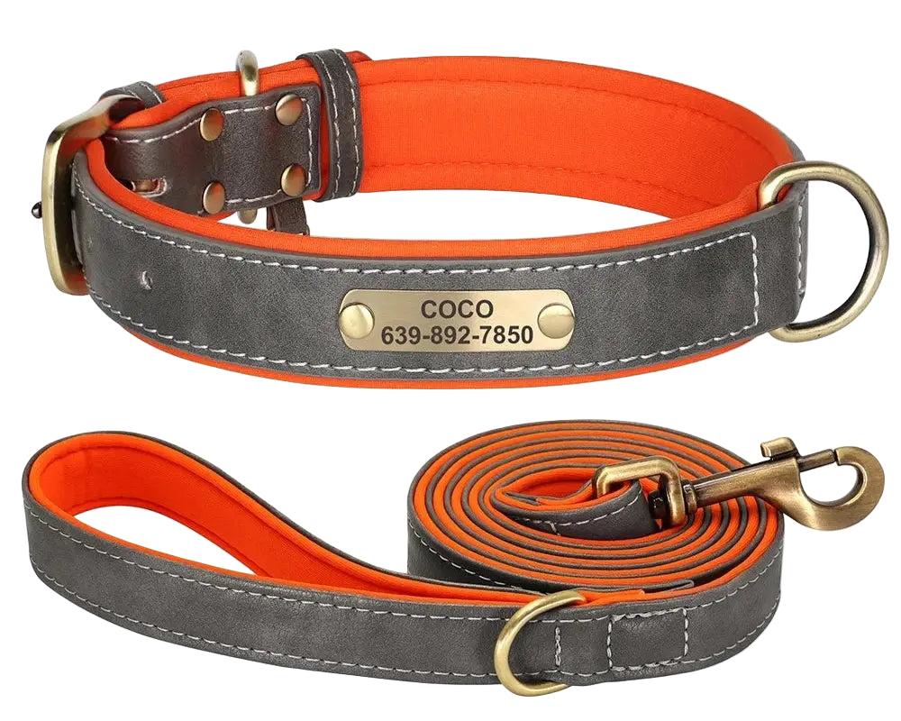 Personalised Dog Collar Lead Set Crafted with Beautiful Soft subtle PU leather & ID tag.