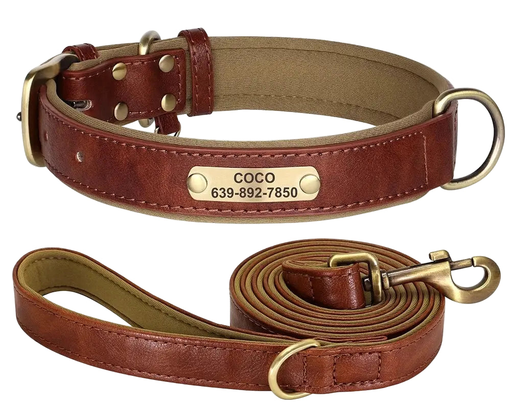 Personalised Dog Collar Lead Set Crafted with Beautiful Soft subtle PU leather & ID tag.