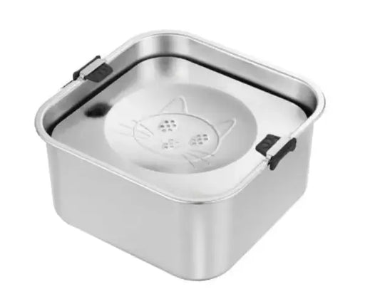 Stainless steel pet water bowl with dimensions and capacity details on a white background