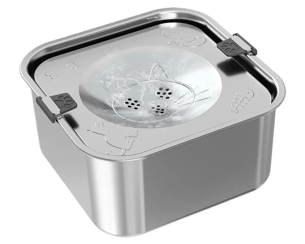 Stainless steel pet water bowl with embossed cat design on a white background