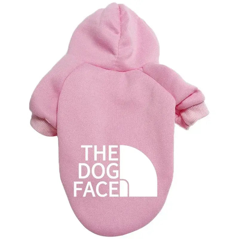 The Dog Face Hoodie in pink, a soft cotton sweatshirt for dogs with a hood.