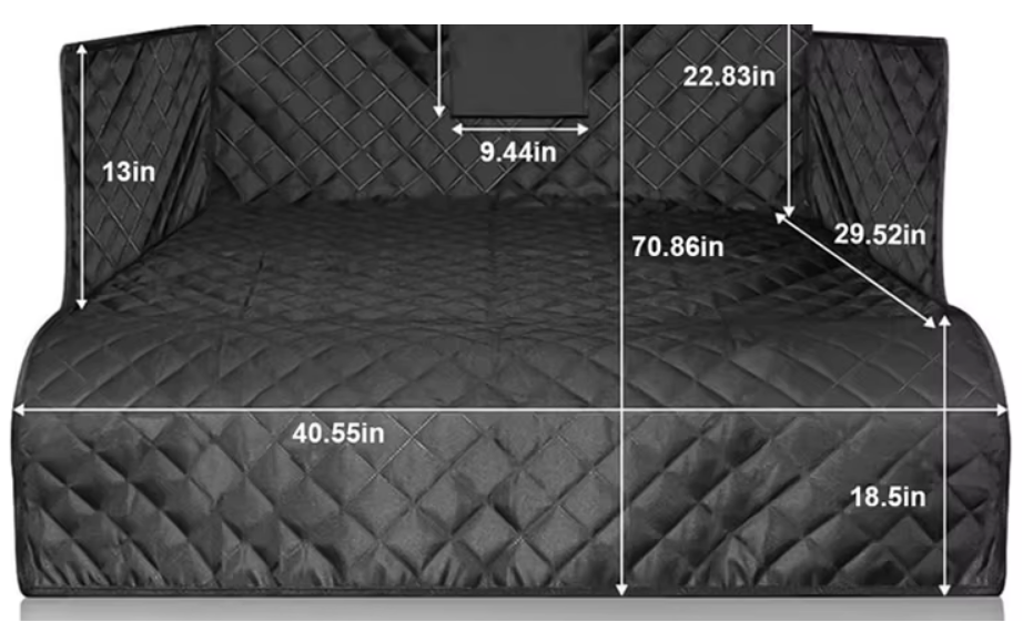 Black quilted car dog cover with measurements on a white background