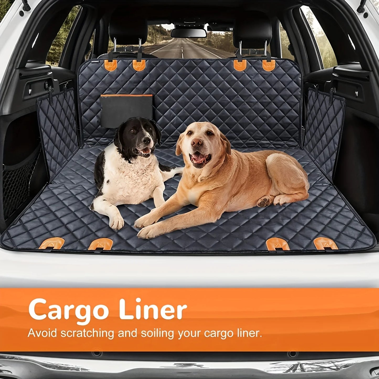 Two dogs on a car cargo liner with text about avoiding scratching and soiling.